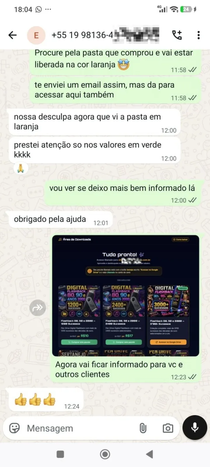 Cliente agradeciendo el soporte tras encontrar la carpeta habilitada en naranja