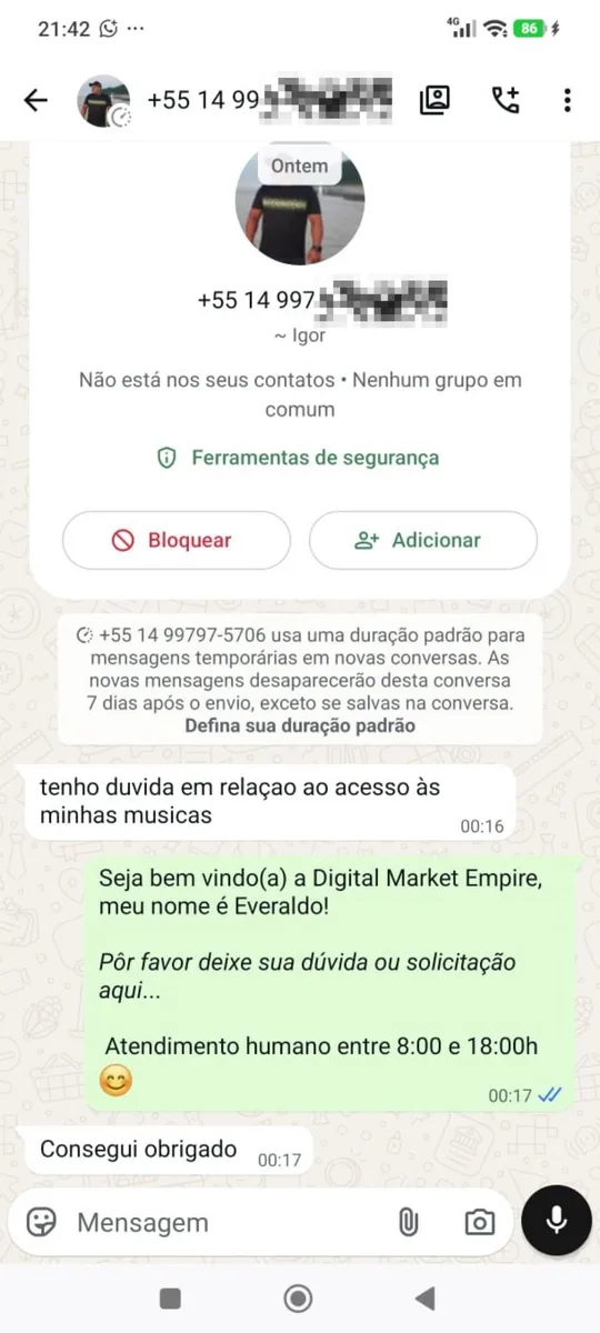 Cliente atendido por soporte en WhatsApp