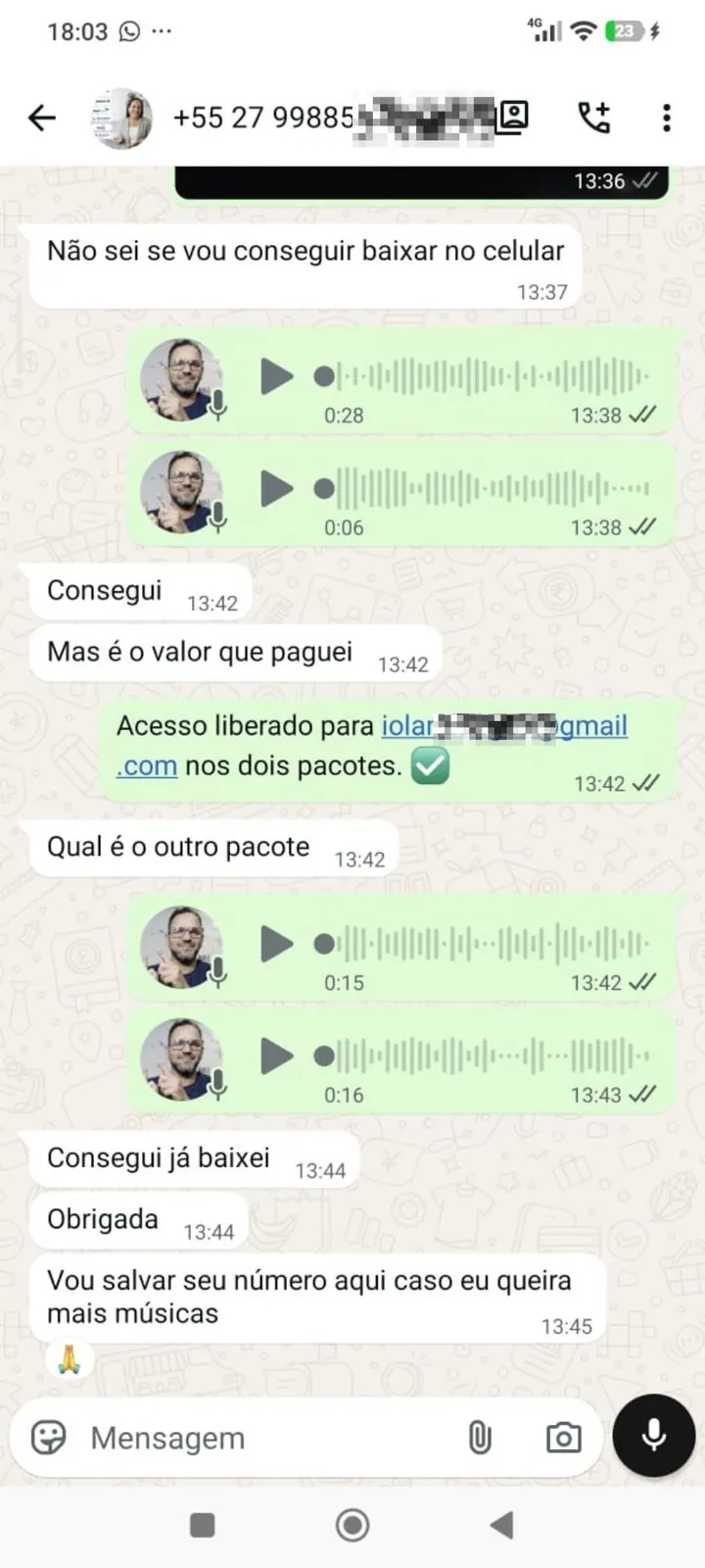 Cliente confirmando descarga en los dos paquetes: 'Lo logré, ya lo descargué. Gracias'