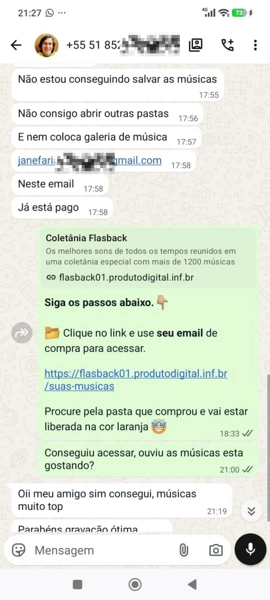 Cliente elogiando: 'música muy buena, felicitaciones'